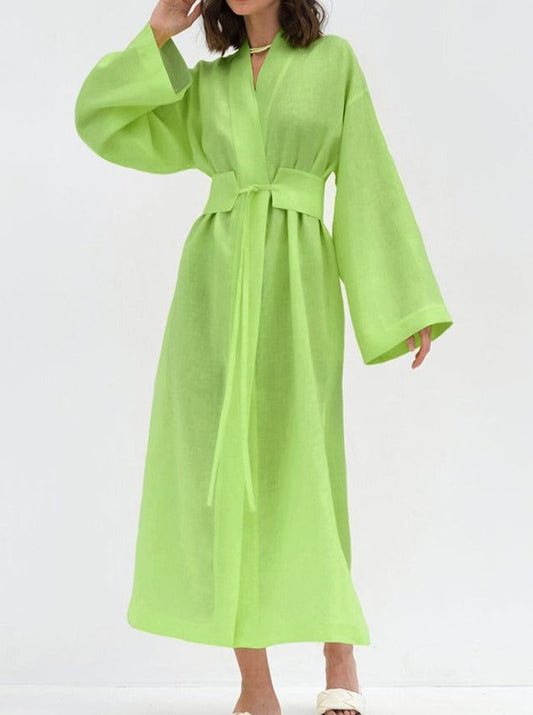 NTG Fad Dress Green / S Vintage cotton and linen long-sleeved robe dress