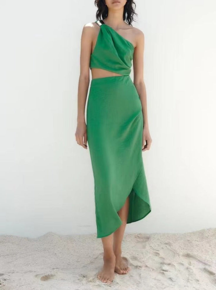 NTG Fad Dress green / XS Asymmetric collar ruched linen-blend dress