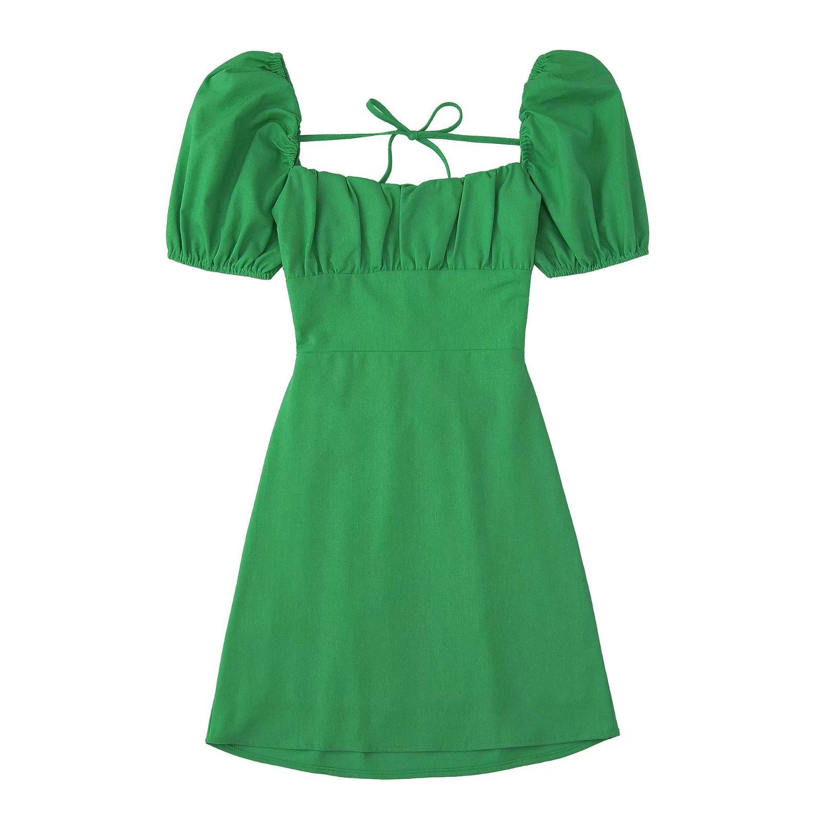 NTG Fad Dress green / XS Linen Tie Square Neck Slim Balloon Sleeve Solid Color Slim Dress