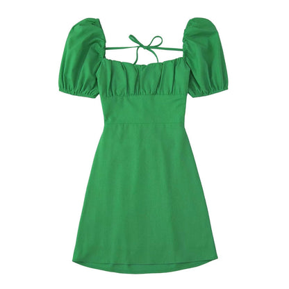 NTG Fad Dress green / XS Linen Tie Square Neck Slim Balloon Sleeve Solid Color Slim Dress