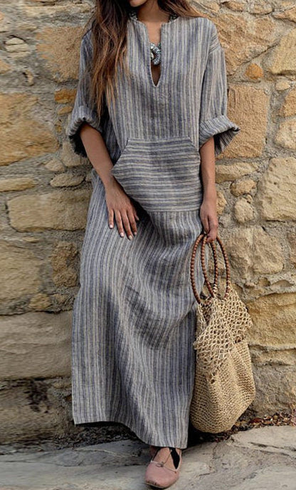 NTG Fad dress Grey / 2XL New Cotton And Linen Yarn-dyed Striped Loose Long Dress