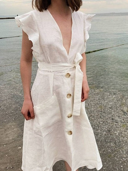 NTG Fad DRESS Ivory / S Simple Romantic Linen Dress-(Hand Made)