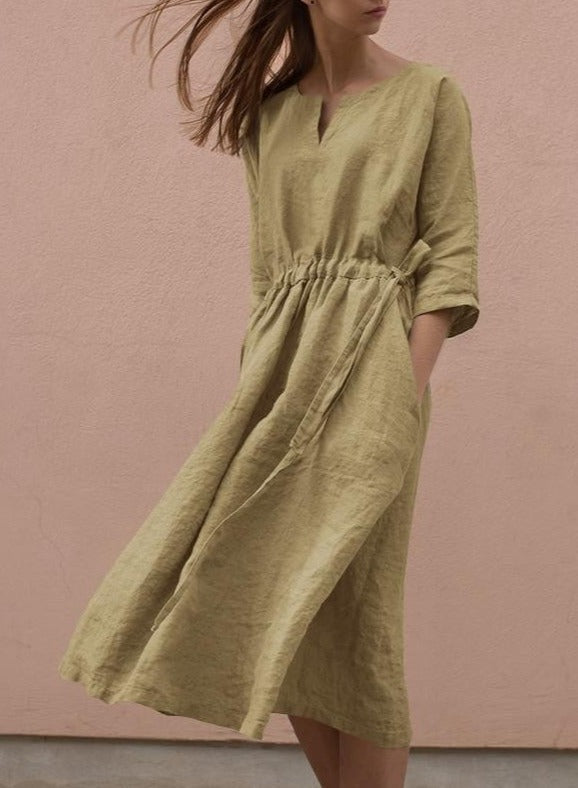 NTG Fad DRESS Khaki Green / S New style V-neck cotton and linen mid-sleeved dress