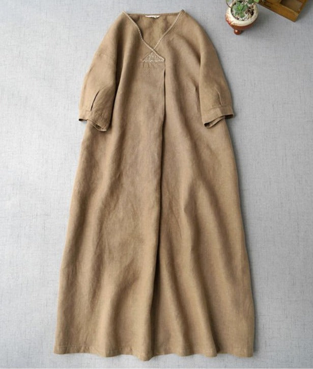NTG Fad DRESS Khaki / L Cotton linen retro v-neck linen dress