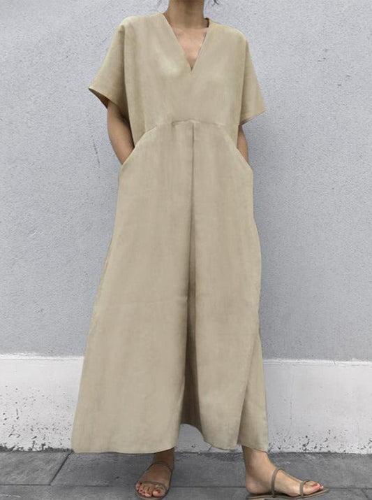 NTG Fad DRESS Khaki / one size Short Sleeve Solid Color V-Neck Large Pocket Linen Dress