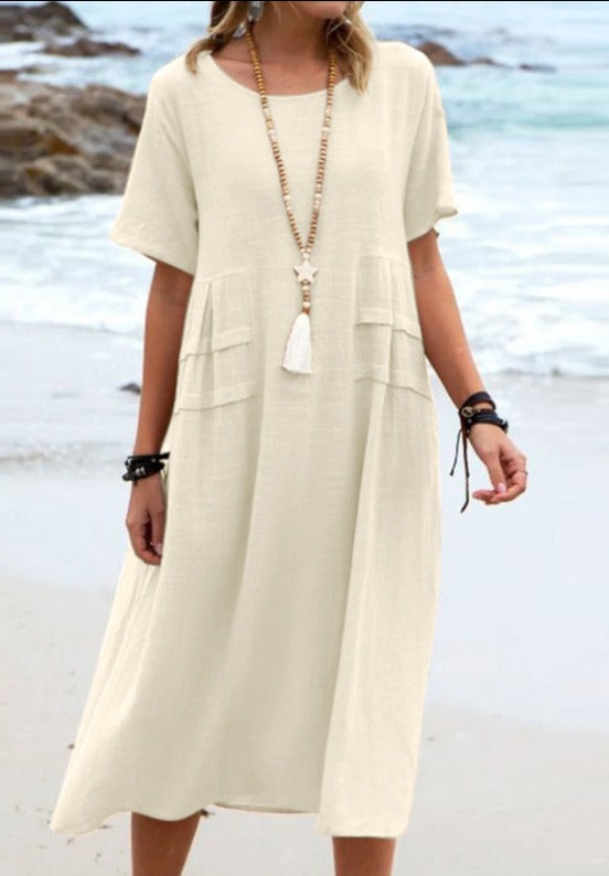 NTG Fad DRESS Khaki / S Cotton Linen Solid Color Round Neck Short Sleeve Long Dress