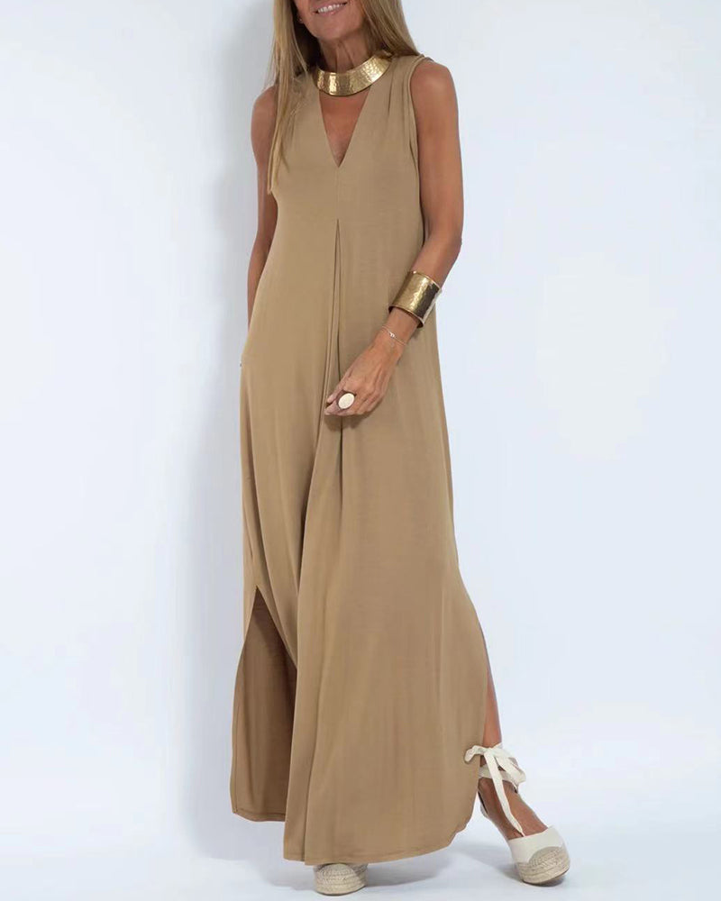 NTG Fad Dress Khaki / S Elegant Solid Color Sleeveless Maxi Dress