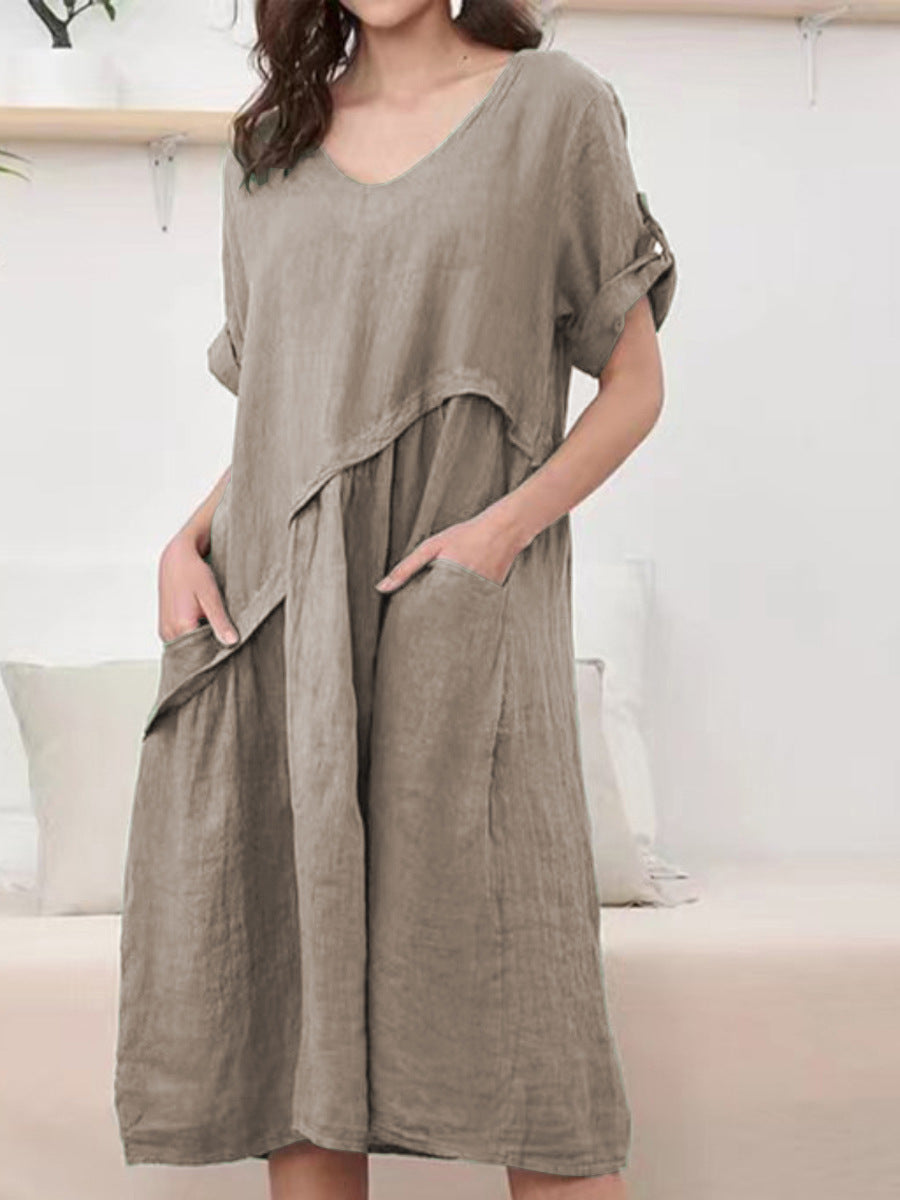 NTG Fad DRESS Khaki / S New Short Sleeve Linen V Neck Pocket Dress