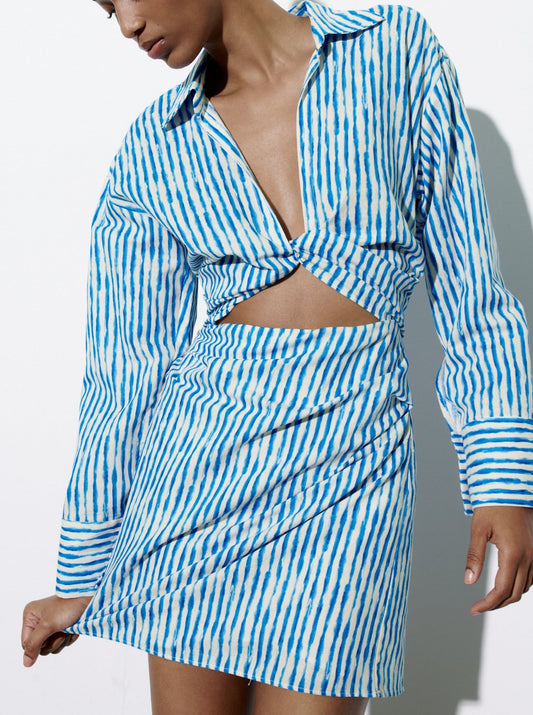 NTG Fad Dress lake blue / XS Long-Sleeve Open Striped Linen Dress
