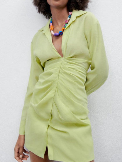 NTG Fad Dress lake green / XS Long Sleeve V Neck Pleated Dress
