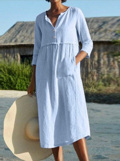 NTG Fad DRESS Light Blue / M Round Neck Button Pocket Cotton Linen Long Sleeve Solid Color Dress