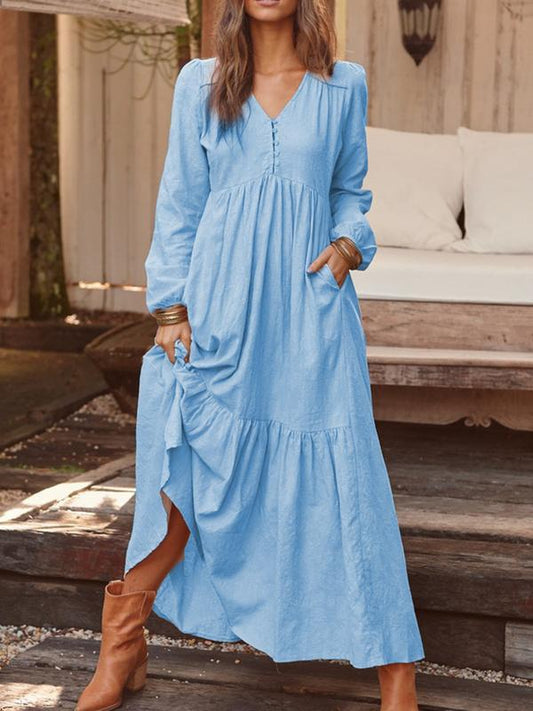 NTG Fad DRESS Light Blue / S Cotton and Linen Retro Casual Long-sleeved Swing Dress