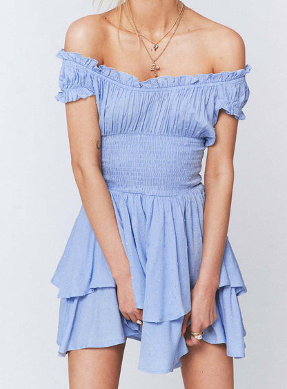 NTG Fad Dress light blue / S Wrapped chest short-sleeved one-shoulder cotton and linen embroidered skirt