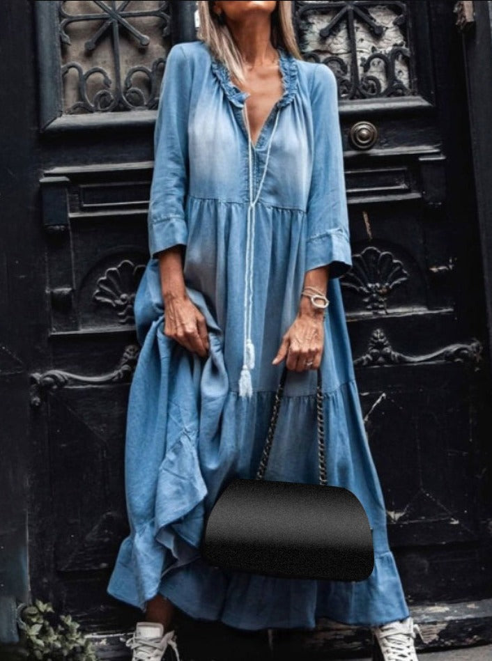 NTG Fad DRESS Light Blue / XL Vintage Lace V Neck 3/4 Sleeves Oversize Hem Tassel Long Loose Denim Dress