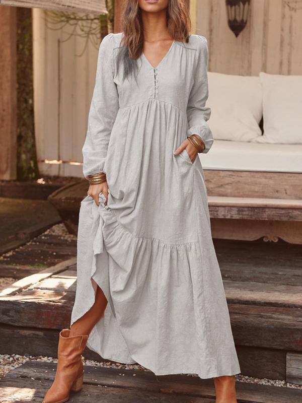 NTG Fad DRESS Light Gray / S Cotton and Linen Retro Casual Long-sleeved Swing Dress