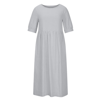 NTG Fad DRESS Light Gray / S Cotton Linen Loose Round Neck Long Dress