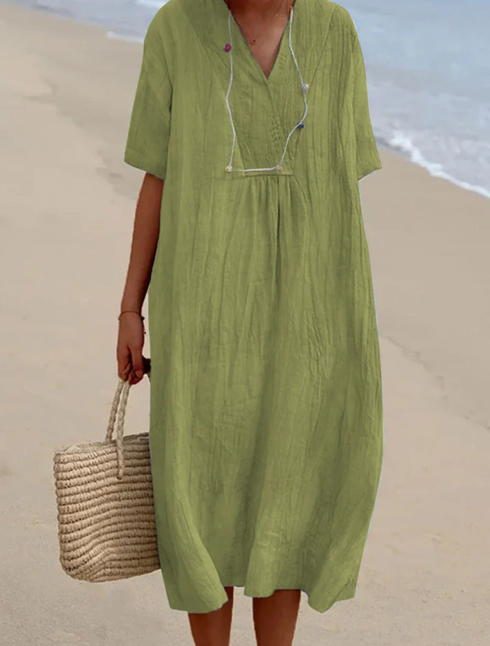 NTG Fad DRESS Light Green / 2XL Women's solid color cotton linen dress