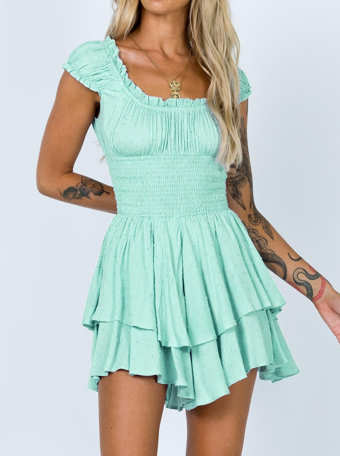 NTG Fad Dress light green / S Wrapped chest short-sleeved one-shoulder cotton and linen embroidered skirt
