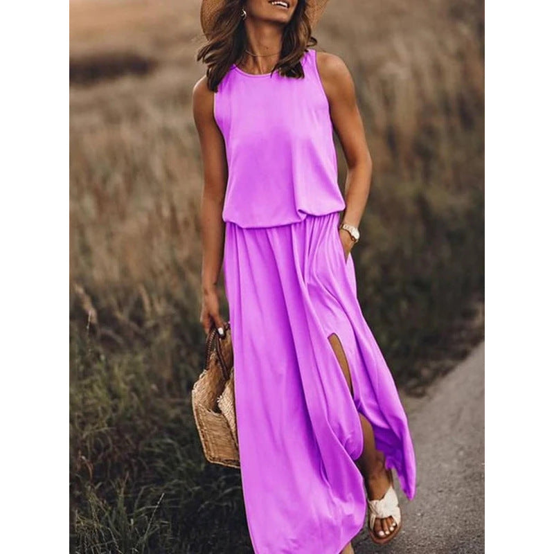 NTG Fad Dress Light Purple / S Round neck sleeveless slit solid color dress