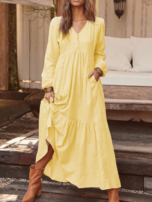 NTG Fad DRESS Light Yellow / S Cotton and Linen Retro Casual Long-sleeved Swing Dress
