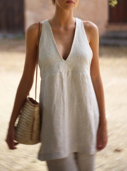 NTG Fad Dress Linen / XS Linen cotton V-neck patchwork A-line dress-（Hand Made）