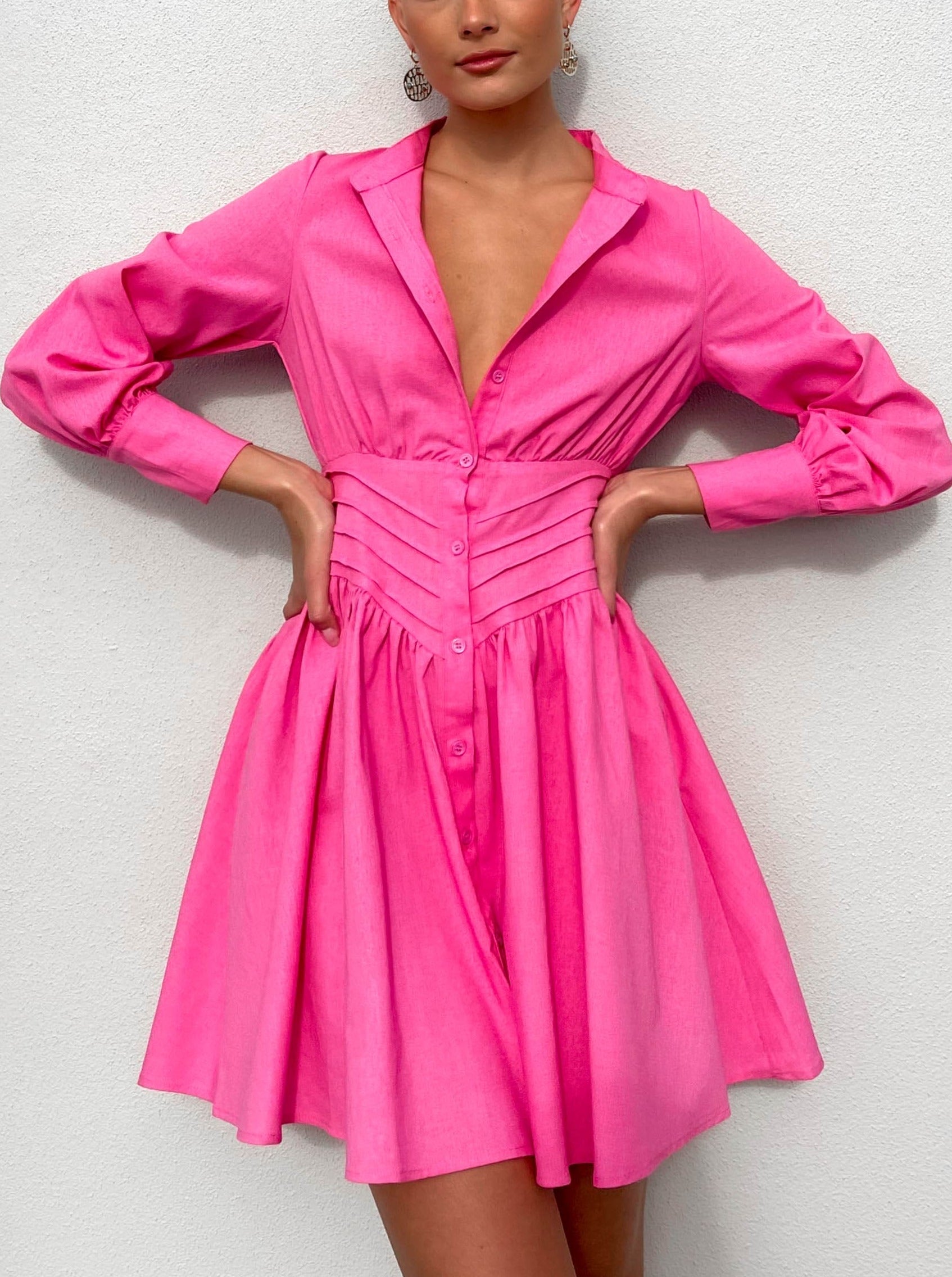 NTG Fad DRESS Long Sleeve Barbie Pink Mini Dress
