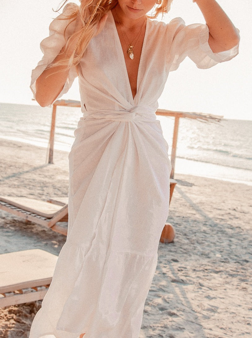 NTG Fad Dress Long Wrap Dress - White Linen-（Hand Made）