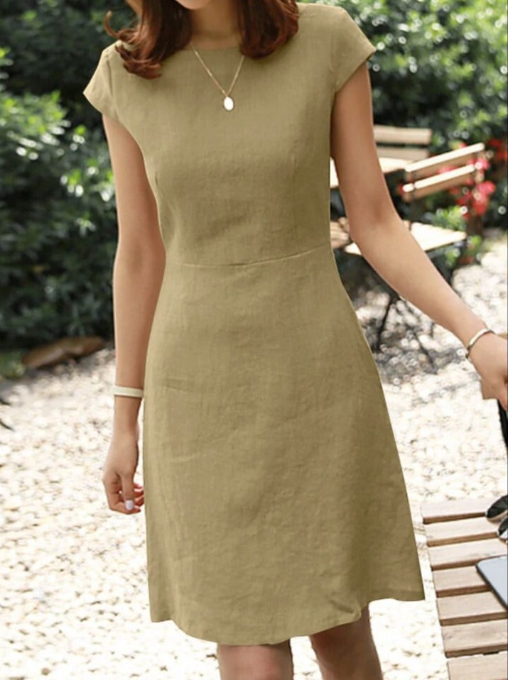 NTG Fad DRESS Matcha / XL Cotton Linen Round Neck Back Hollow Short Sleeve Dress