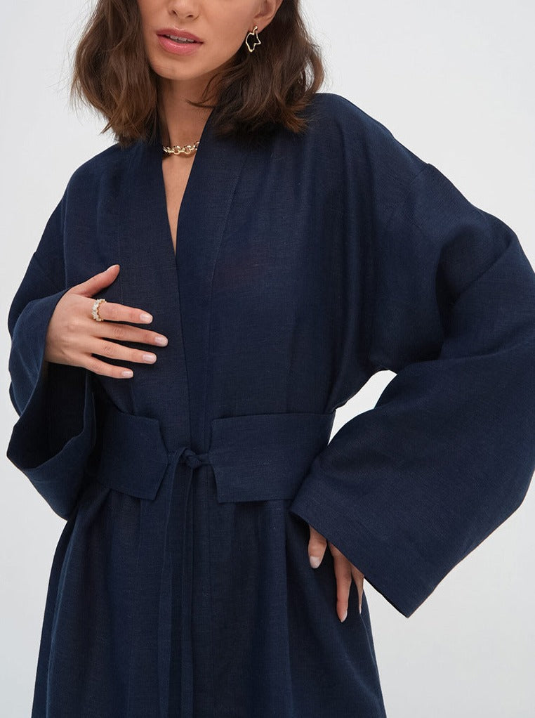 NTG Fad Dress Navy Blue / S Vintage cotton and linen long-sleeved robe dress