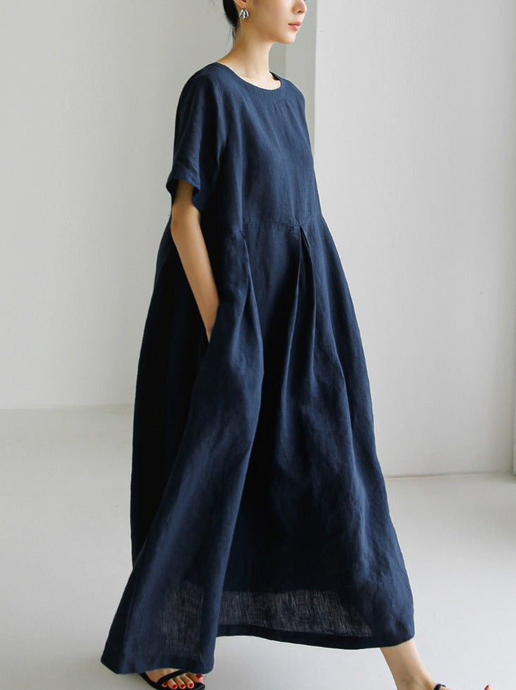 NTG Fad DRESS Navy Blue / XL Casual artistic linen texture long-sleeved dress