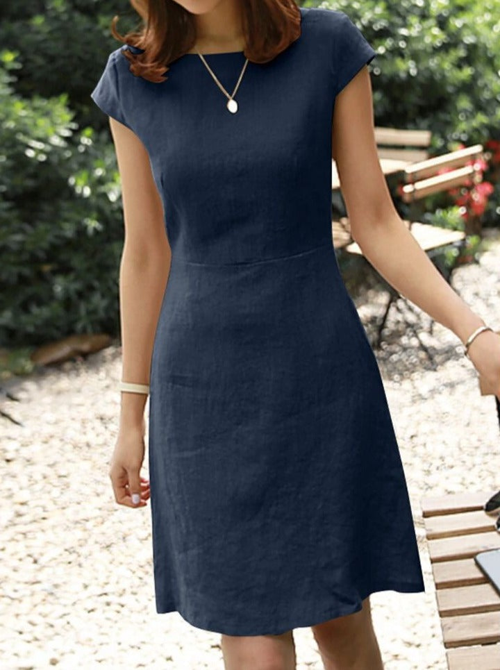 NTG Fad DRESS Navy Blue / XL Cotton Linen Round Neck Back Hollow Short Sleeve Dress