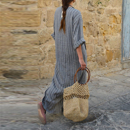 NTG Fad dress New Cotton And Linen Yarn-dyed Striped Loose Long Dress