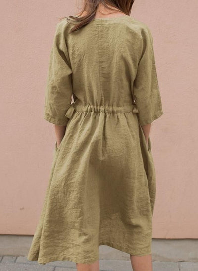 NTG Fad DRESS New style V-neck cotton and linen mid-sleeved dress