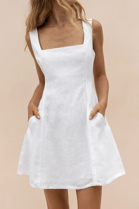 NTG Fad Dress Off white / S Spaghetti Strap Square Neck Casual Belted Pocket Mini Dress