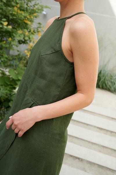 mysite Mira forest green dress - Spaghetti strap linen dress- Linen dress - Long linen dress