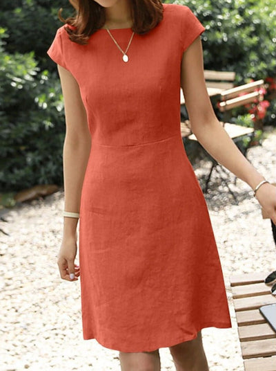 NTG Fad DRESS Orange Red / S Cotton Linen Round Neck Back Hollow Short Sleeve Dress