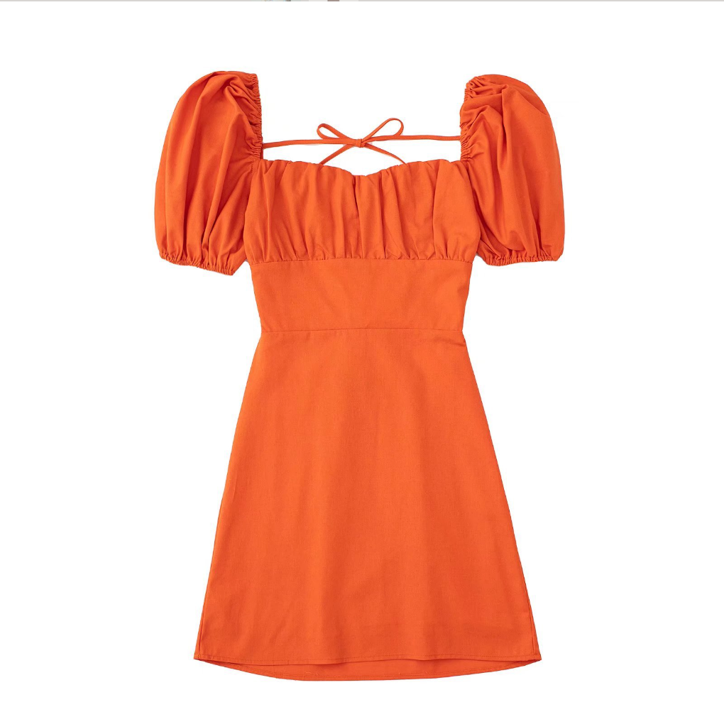 NTG Fad Dress orange red / XS Linen Tie Square Neck Slim Balloon Sleeve Solid Color Slim Dress