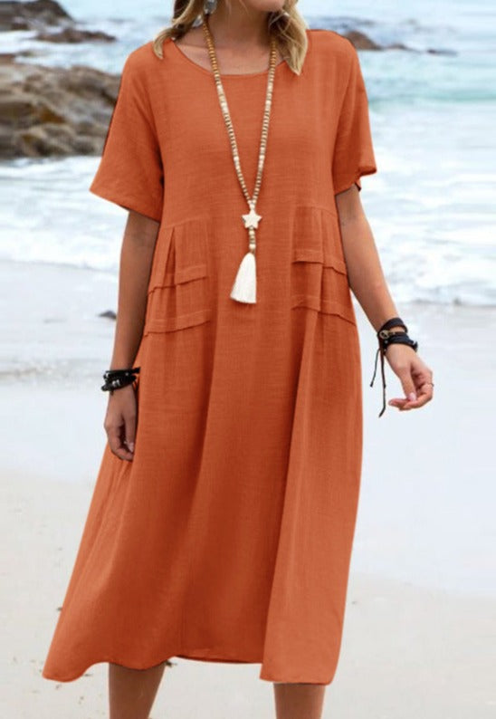 NTG Fad DRESS Orange / S Cotton Linen Solid Color Round Neck Short Sleeve Long Dress