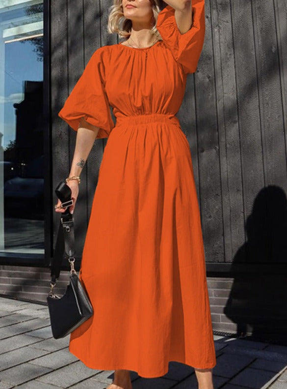 NTG Fad Dress orange / S Lace-up Hollow Puff Sleeve Round Neck Dress