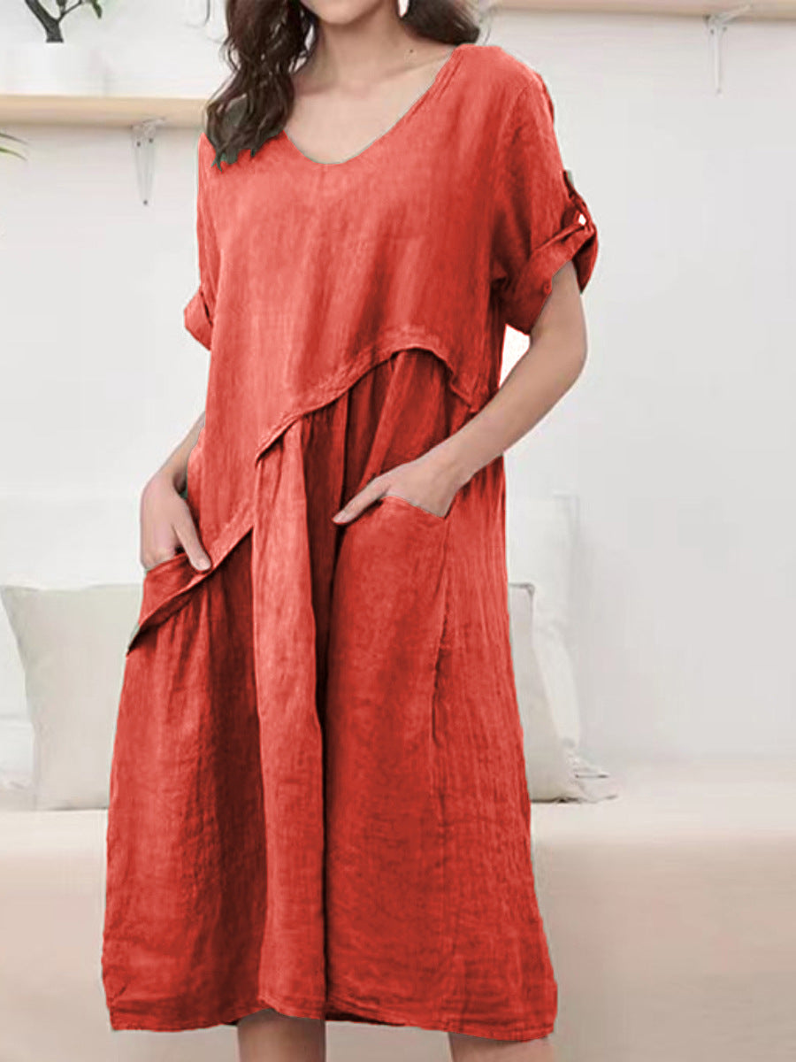 NTG Fad DRESS Orange / S New Short Sleeve Linen V Neck Pocket Dress