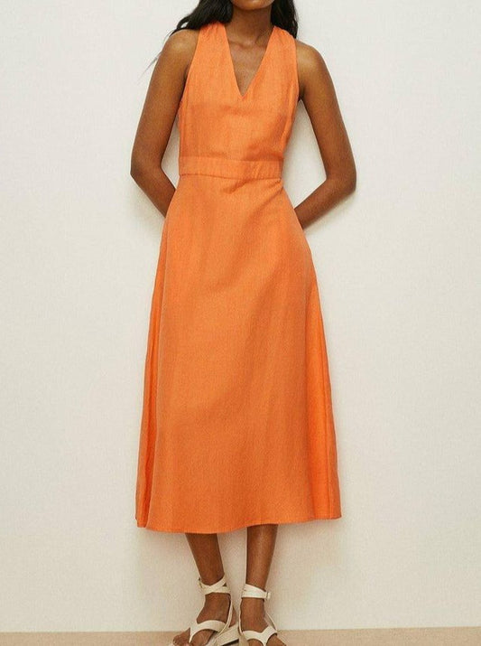 NTG Fad DRESS Orange / S V Neck Linen Mix Tailored Midi Dress-(Hand Made)