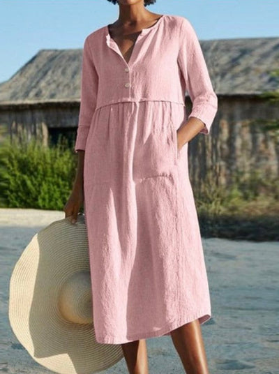 NTG Fad DRESS Pink / 2XL Round Neck Button Pocket Cotton Linen Long Sleeve Solid Color Dress