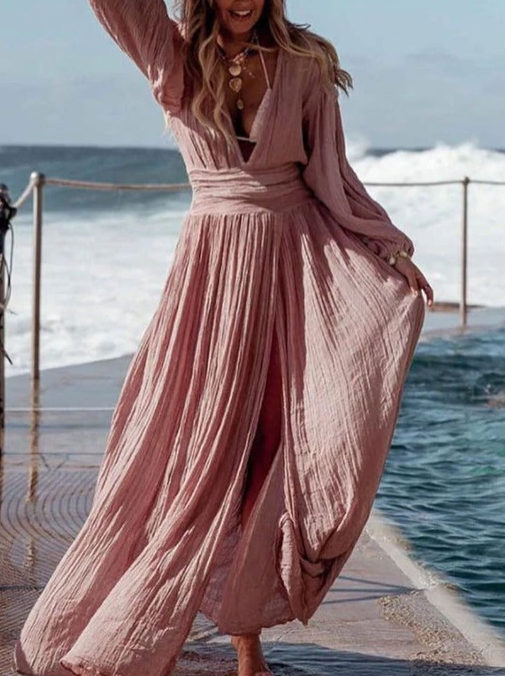 NTG Fad Dress pink / S Cotton Leprosy Holiday V-Neck Slit Dress