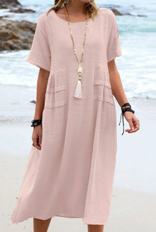 NTG Fad DRESS Pink / S Cotton Linen Solid Color Round Neck Short Sleeve Long Dress