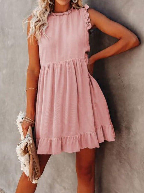 NTG Fad DRESS Pink / S Elegant High Collar Sleeveless Pocketed Ruffle Babydoll Dress-（Hand Make）