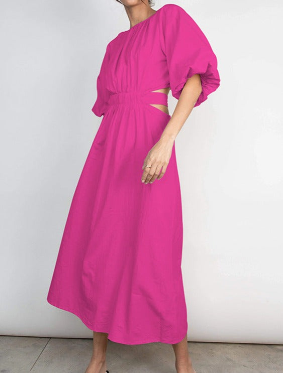 NTG Fad Dress pink / S Lace-up Hollow Puff Sleeve Round Neck Dress