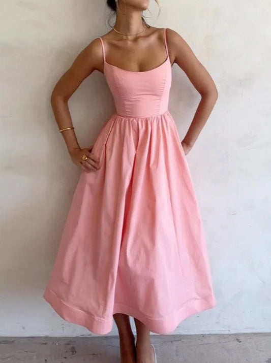 NTG Fad Dress pink / S V Neck Pleated Waist Swing Sling Dress
