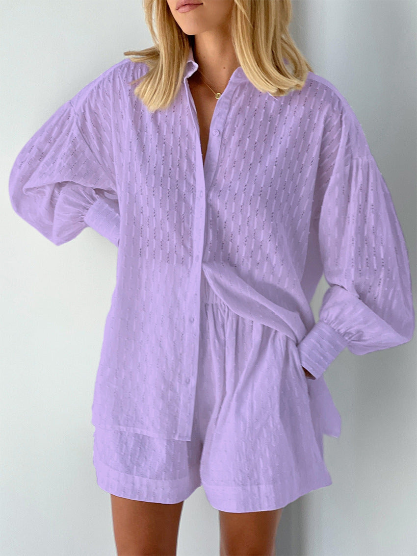 NTG Fad DRESS Purple / M Jacquard Puff Sleeve Shirt Top Shorts Commuter Casual Suit