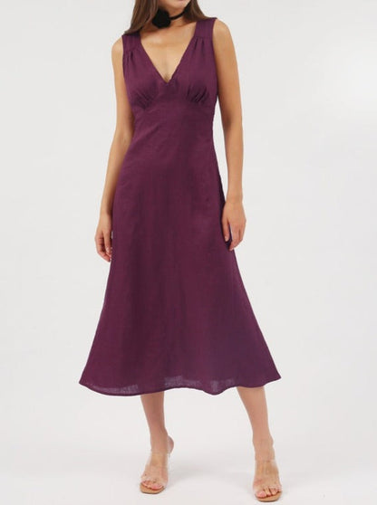 NTG Fad Dress Purple / S US women's letter Pure linen summer deep V-neck sleeveless long dress