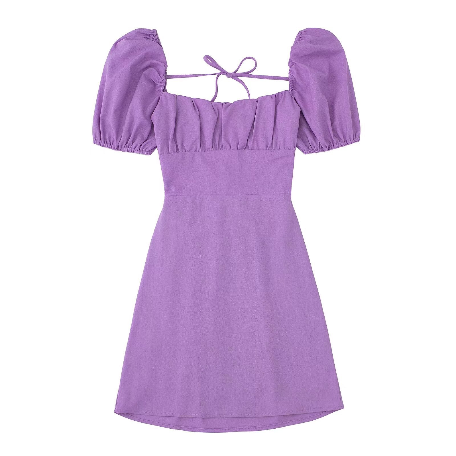 NTG Fad Dress purple / XS Linen Tie Square Neck Slim Balloon Sleeve Solid Color Slim Dress